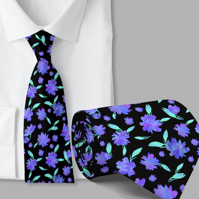 Gravata Flores modernas em aquarela azul e turquesa (Criador carregado)