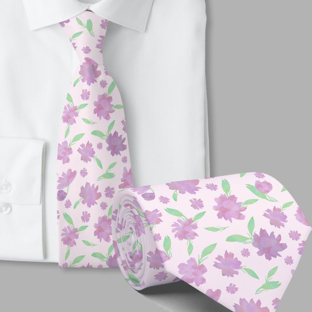 Gravata Flores modernas em aquarela rosa e verde (Criador carregado)