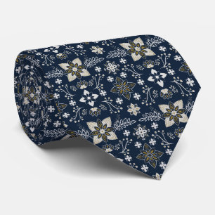 Gravata Flores nórdicas brancas e douradas em fundo azul