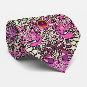 GRAVATA FLORES, PAVÕES E PEDRA DE GEMA COR-DE-ROSA DOS