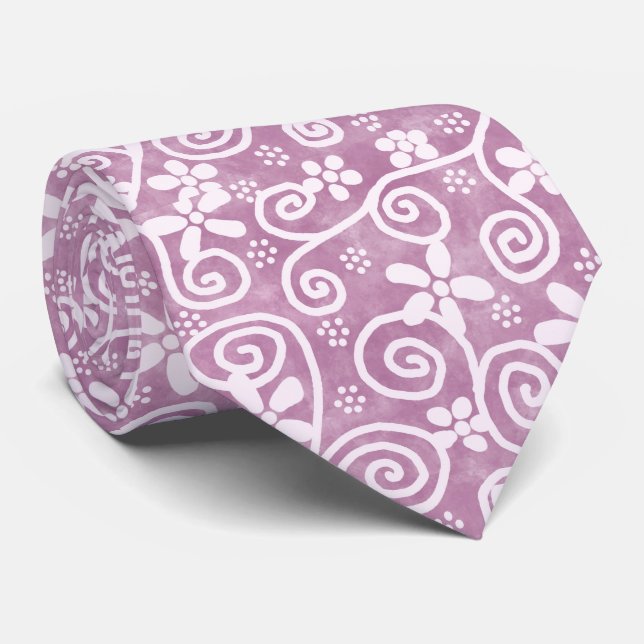 Gravata Flores Redemoinhos Padrão Branco Rosa Empoeirado C (Rolled)