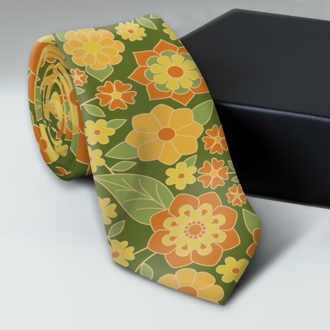 Gravata Flores Retro - Ouro cor de laranja verde-oliva (Trendy Neck Tie Pattern)