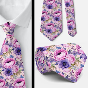 Gravata Flores Rosa Bege e Violeta Roxo Floral