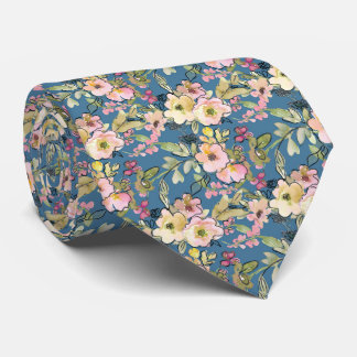 Gravata Flores Rosa em Azul