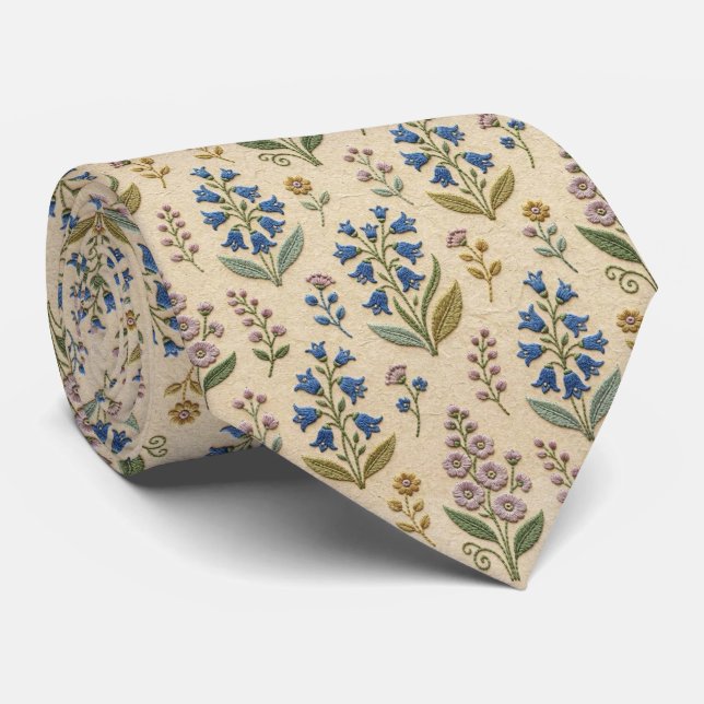 Gravata Flores Silvestres Falso Seda | Estilo de Bordado V (Rolled)