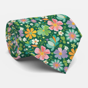 Gravata Flores Silvestres Pastel em Rosa Roxo Laranja e Ve