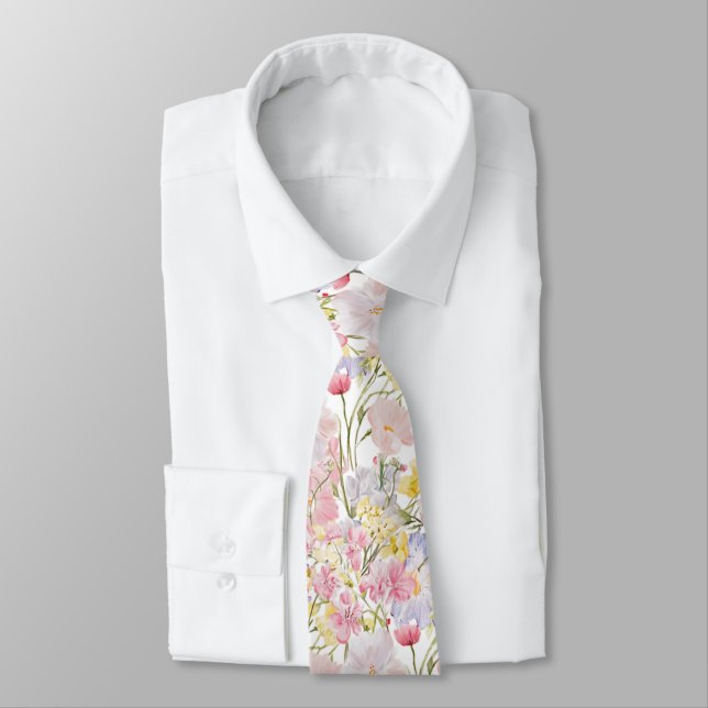 Gravata flores silvestres rosa pálido amarelo azul (Amarrado)