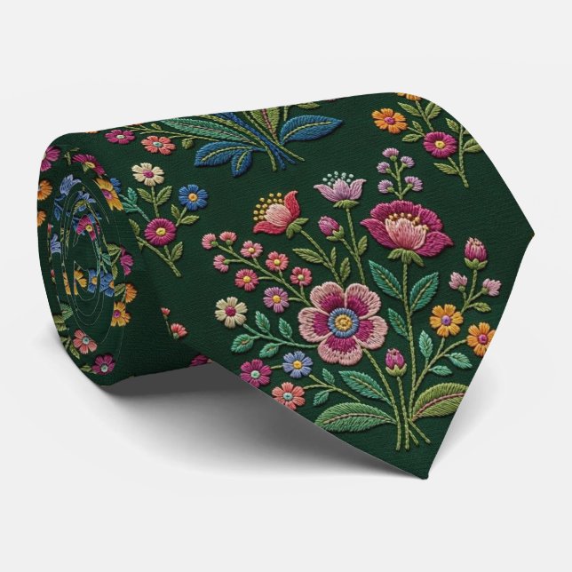 Gravata Flores Silvestres Seda Falsa | Estilo de Bordado V (Rolled)