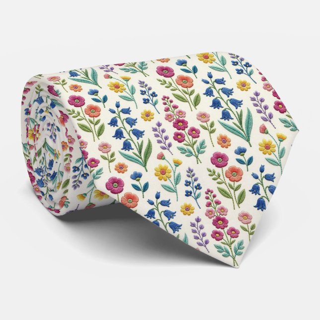 Gravata Flores Silvestres Seda Falsa | Estilo de Bordado V (Rolled)