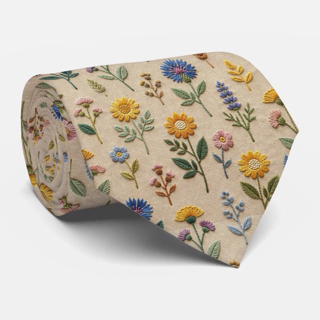 Gravata Flores Silvestres Seda Falsa | Estilo de Bordado V (Rolled)