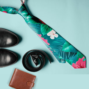 Gravata Flores tropicais coloridas e folhas Verão