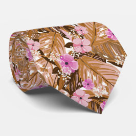 Gravata Flores Tropicais Folhas Rosa Bege Marrom