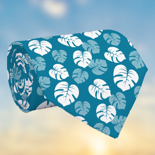 Gravata Folha Tropical de Monstera Azul Turquesa Branco Fl
