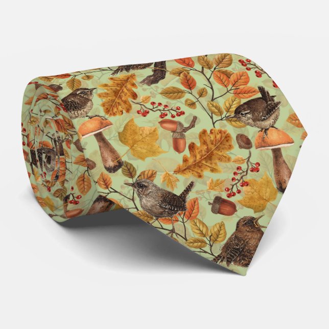 Gravata Folhas, bagas, cogumelos e wrenes de outono (Rolled)