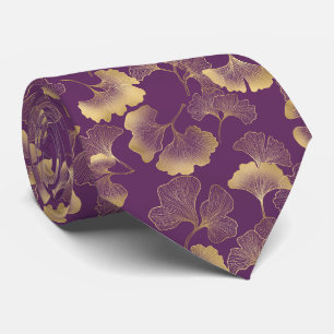 Gravata Folhas de Ginkgo Douradas de Luxo em Roxo Fundo (4