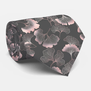 Gravata Folhas de Ginkgo Rosa Refinadas com Textura Metáli