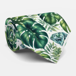 Gravata Folhas de Verdura em Aquarela Tropical com Diamant