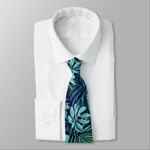 Gravata Folhas tropicais e flores verdes azuis