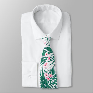 Gravata Folhas Tropicais Verdes com Flores de Hibiscus