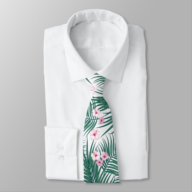 Gravata Folhas Tropicais Verdes com Flores de Hibiscus (Amarrado)