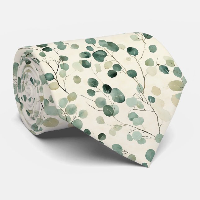 Gravata Folhas Verdes Terrosas com Fundo de Outono Creme (Rolled)