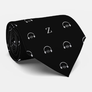 Gravata Fones de ouvido Música Monograma Inicial Preto e b
