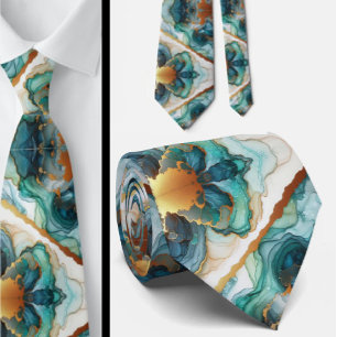 Gravata Formal Azul Teal Mármore & Dourado