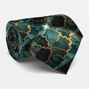 Gravata Formal Faux Seda Mármore Teal + Dourado Gentlema