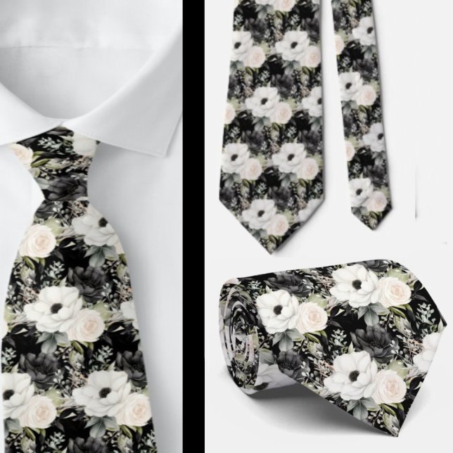 Gravata Formal Floral Aquarela Preto e Branco (Criador carregado)