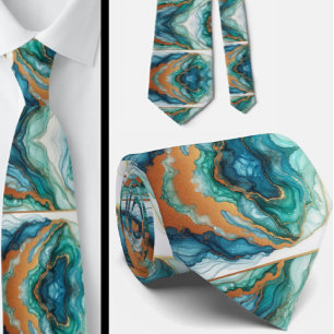 Gravata Formal Mármore Azul Teal e Dourado