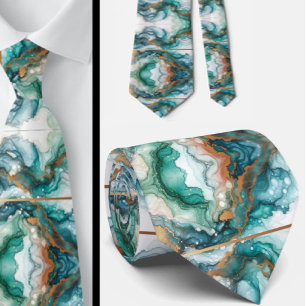 Gravata Formal Mármore Azul Teal e Dourado