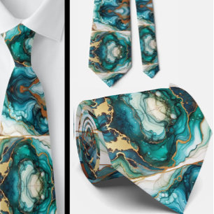 Gravata Formal Mármore Azul Teal e Dourado