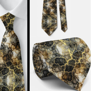 Gravata Formal Preto, Branco e Dourado Mármore