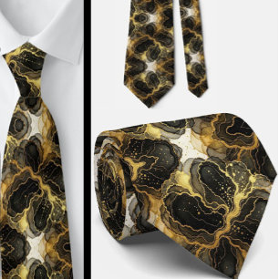 Gravata Formal Preto, Branco e Dourado Mármore