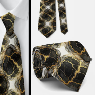 Gravata Formal Preto, Branco e Dourado Mármore