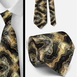 Gravata Formal Preto, Branco e Dourado Mármore
