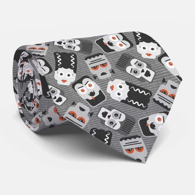 Gravata Frankenstein e amigos assustadores - preto, branco (Rolled)