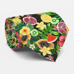 Gravata Frutas tropicais, flores e folhas a preto