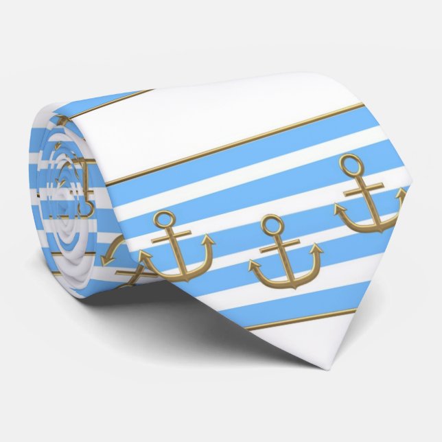 Gravata fundo branco azul da âncora dourada (Rolled)