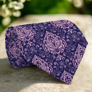 Gravata Fundo Púrpura, Floral Elegante, com Damasco Rosa