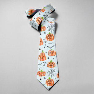Gravata Funny Orange Pumpkins Bats Spider Nets Halloween
