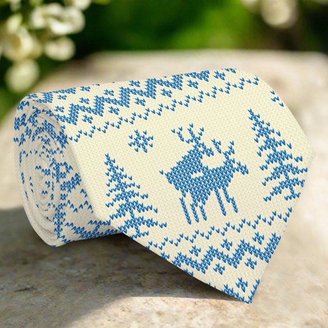 Gravata Funny Reindeer Christmas Tree Snow Blue Pattern (Criador carregado)
