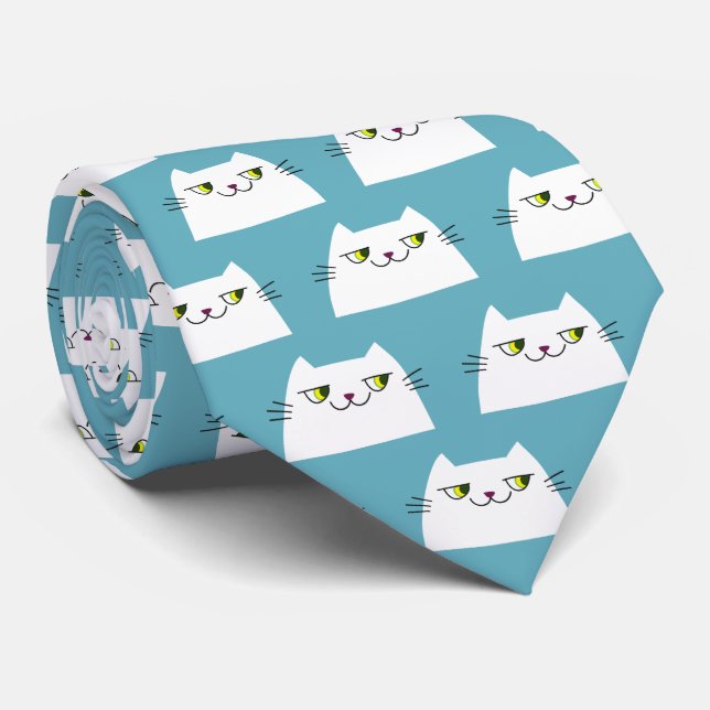 Gravata Gato Azul Engraçado Padrão Gato Branco Fof (Rolled)