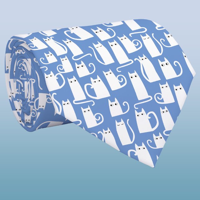 Gravata Gato Branco Divertido Azul (Fun kitty cat neck tie for pet and animal lovers)