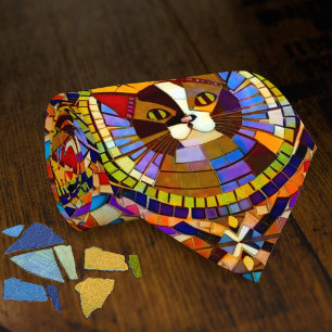 Gravata Gato Colorido Vibrante em Azulejos Mosaicos