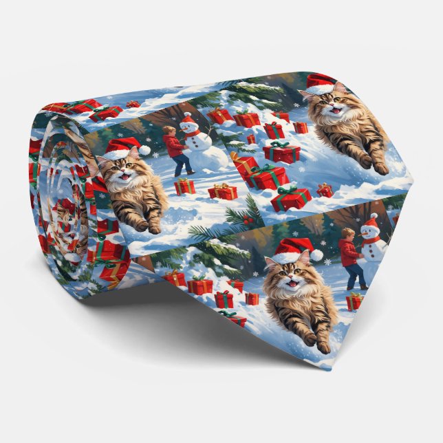 Gravata Gato Persa Sentado na Neve com Chapéu de Natal (Rolled)