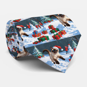 Gravata Gato Siames Correndo na Neve com Chapéu de Natal