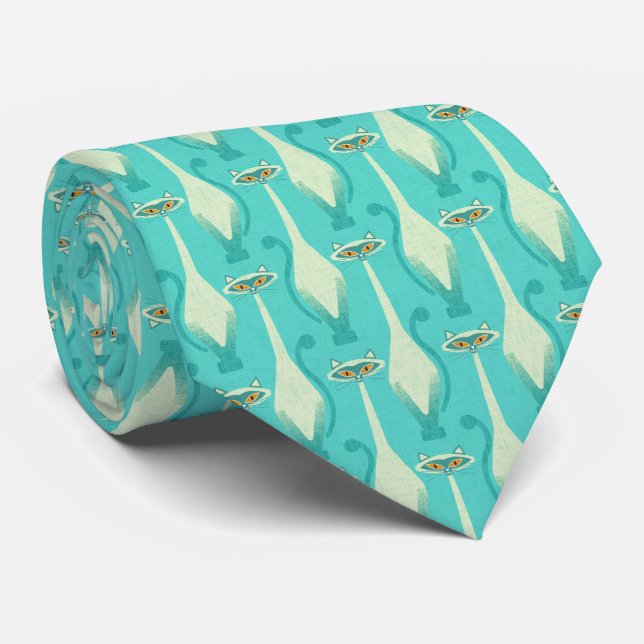 Gravata gato siamês curioso - turquesa e laranja (Rolled)