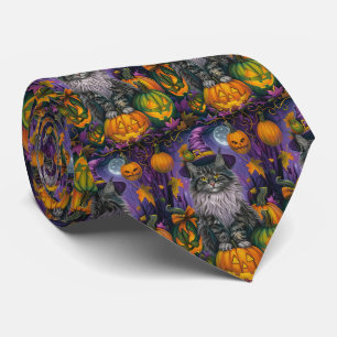 Gravata Gato Siberiano Assustador no Halloween com Bruxa e