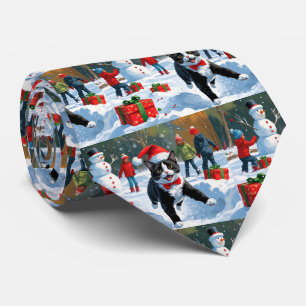 Gravata Gato Tuxedo Correndo na Neve com Chapéu de Natal